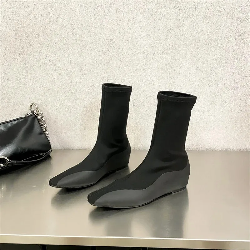 

Новые осенние сапоги до колена из лайкры, эластичные сапоги до колена, рыцарская обувь, ботильоны на танкетке, женская обувь с маленькой квадратной головкой, размер 35-40