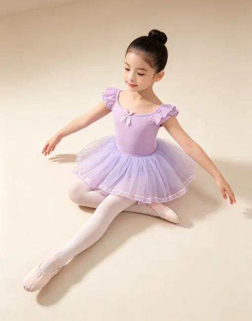 Girls Short Sleeve Ballet Dance Dress Kids Mesh Tutu Skirt Spring Autumn Practice Costume Stage Show Ballerina Daily Dancewear