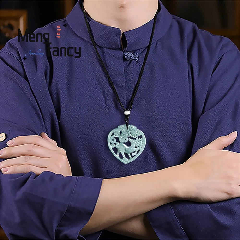 Natural A-goods Jadeite Blue Water a Deer Have You Ethnic Style Couple Jade Pendant Exquisite Mascot Fashion Luxury Fine Jewelry