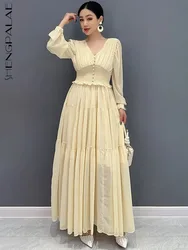 SHENGPALAE 2024 Summer New Women's Chic Dress Solid Color Splicing V-neck Large Swing Loose Fashion Elegant Long Dresses 5C1299