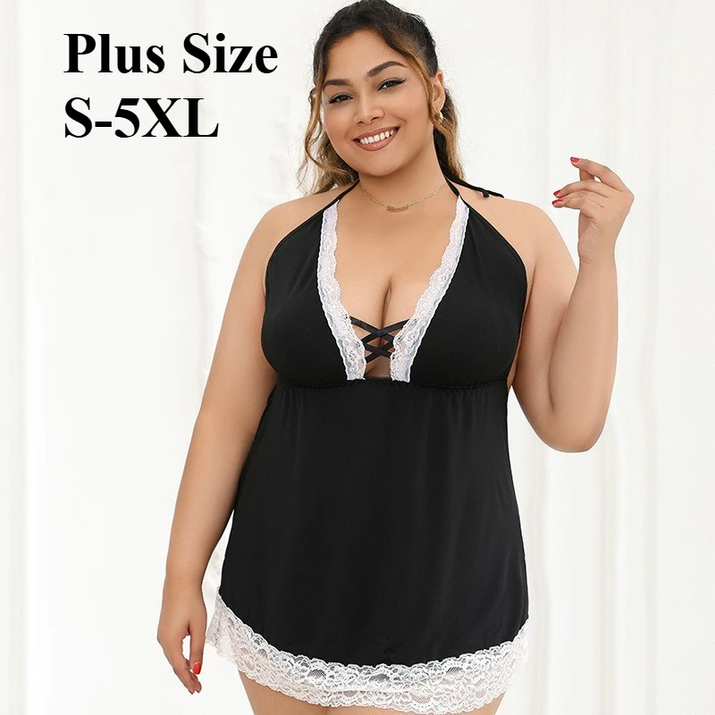 

Plus Size Sexy Lingerie Maid Cosplay Uniform Deep V Neck Mini Maid Dress Lace Trim Halter Backless Babysoll Nightgown Clubwear