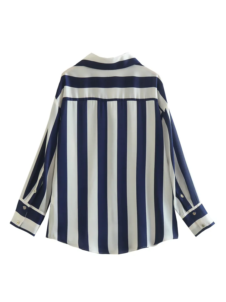 New Striped Print European and American Shirt Fashionable Lapel Commuter Women's Shirt Loose Casual Versatile Long-sleeved Tops