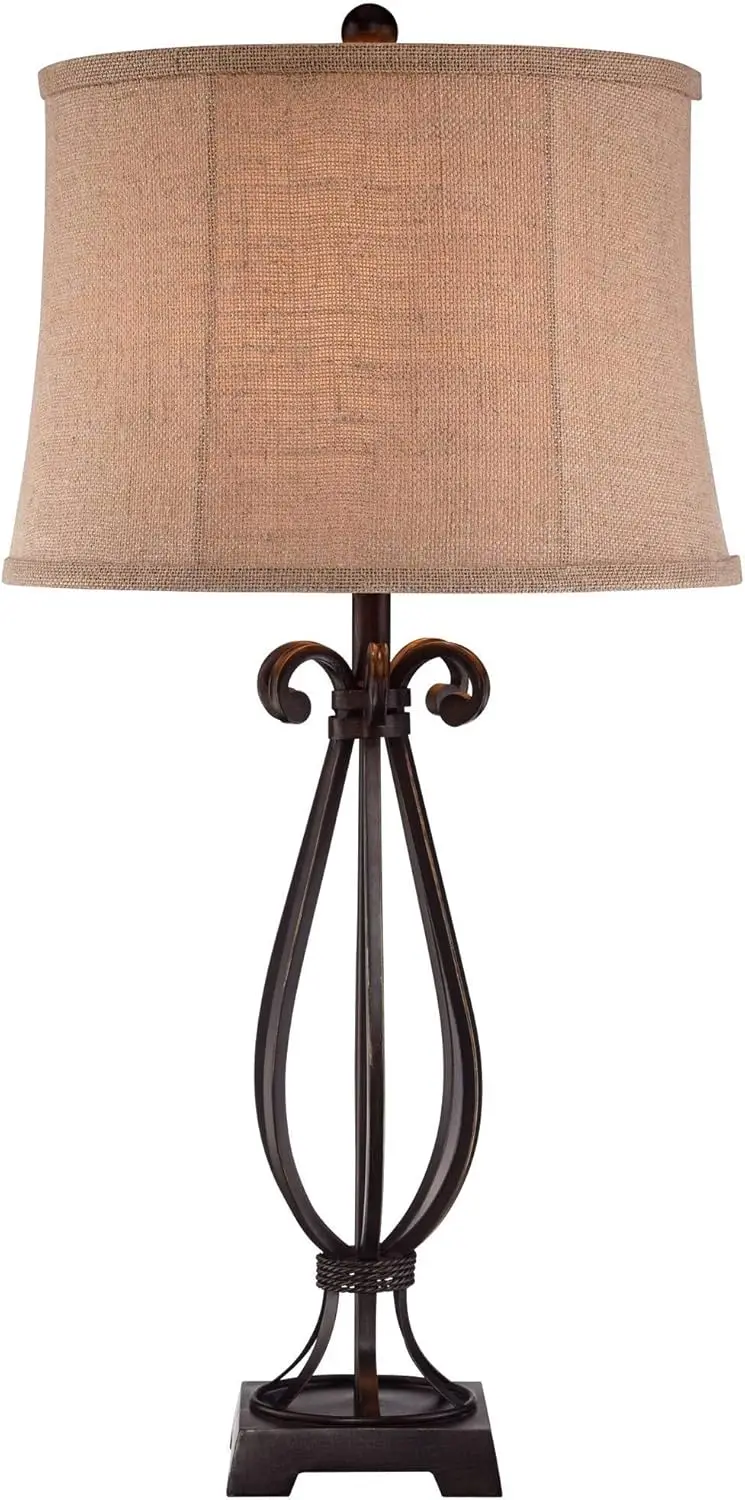 

Hill Taos Traditional Style Table Lamp 32" Tall Iron Open Scroll Metal Base Neutral Burlap Fabric Shade Decor for Living Roo