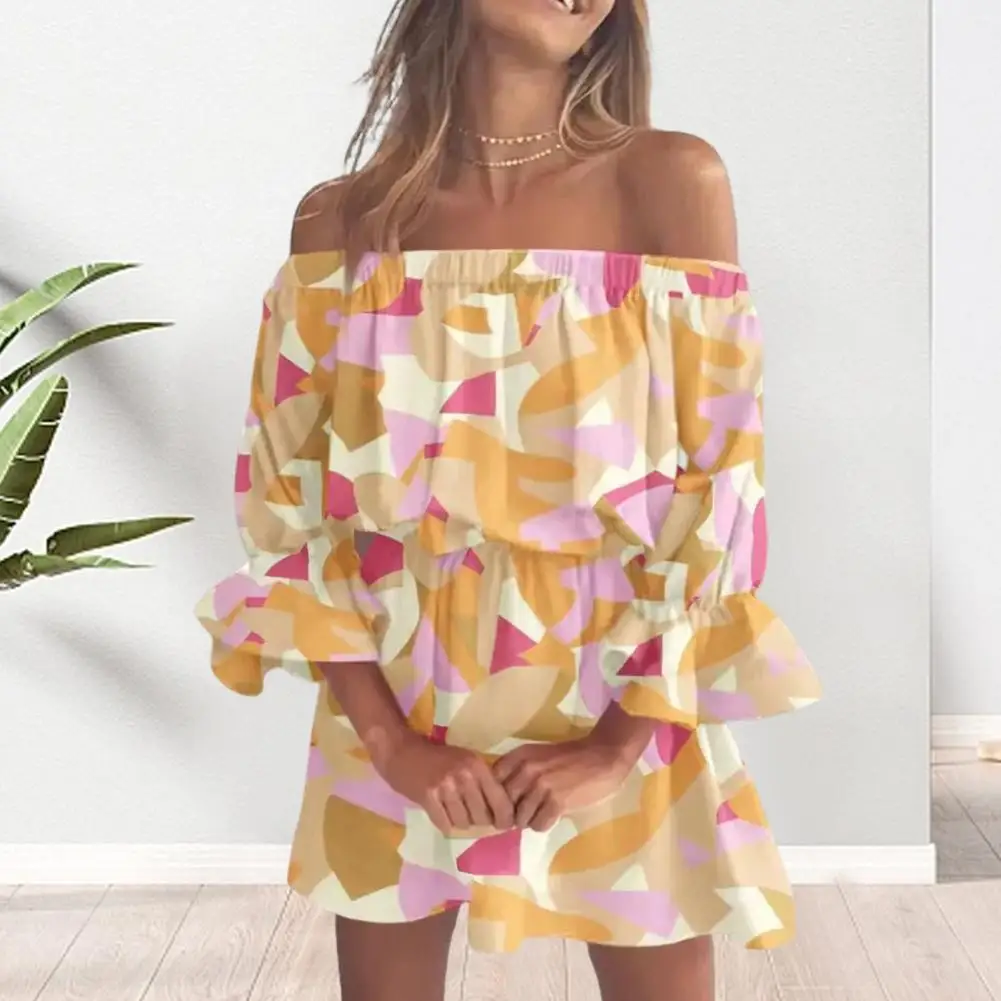 

Women Summer Dress Off Shoulder Elastic Waist Three Quarter Sleeve Dress Loose Ruffle Pleated Vacation Beach Dating Mini Dress