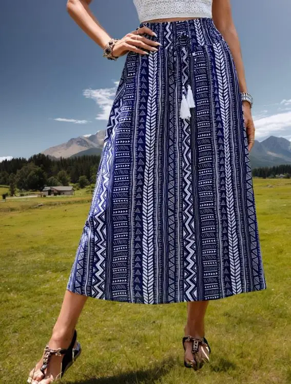 

Loose Women's Skirt Summer New Bohemian Style Printed Casual High Waisted Lace Up A-Line Skirt Suitable for Beach Vacations