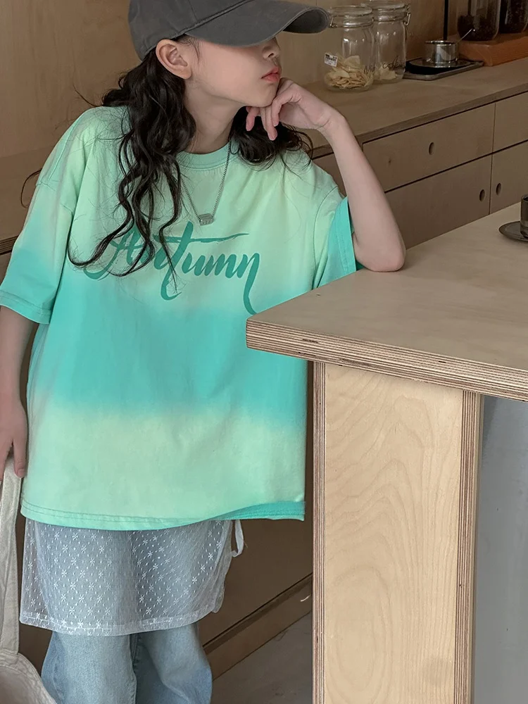 女の子グラデーション染色ルーズ半袖-tシャツ子供ファッション夏服新スタイル韓国語版綿生地トップ