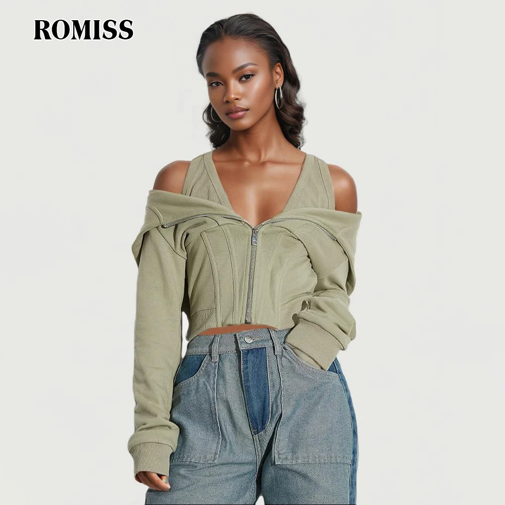 

ROMISS Hollow Out Patchwork Zipper Short Sweatshirt For Women Hooded Long Sleeve Minimalist Slimming Sweatshirts Female Fashion