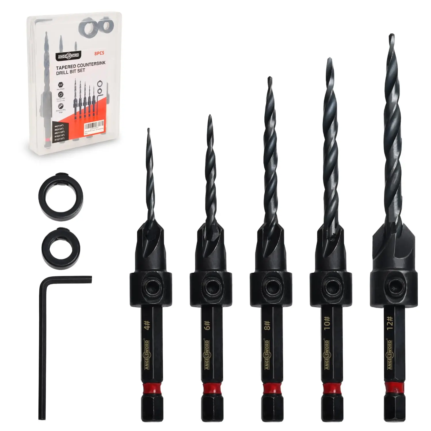 

8PCS Countersink Drill Bit Set, Tapered Drill Bits #4-#12 with Depth Stop Ring