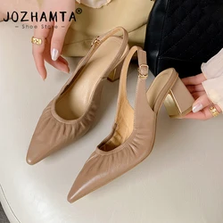 JOZHAMTA Size 32-41 Women Slingback Pumps Real Leather Sexy Pointy Chunky High Heels Shoes 2025 Summer Stretch Office Work Dress