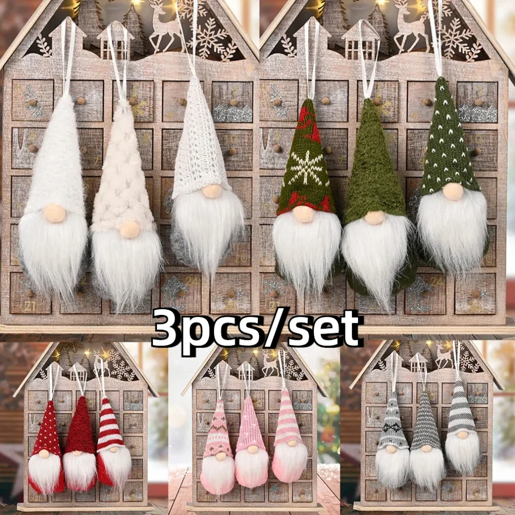 3pcs Christmas Gnomes Plush Santa Doll Knitted Fabric Xmas Tree Hanging Ornaments Gonk Dwarf Elf Decoration Gifts New Year