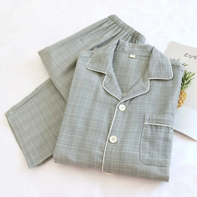 

Yarn-Dyed Plaid Pajama Set for Men, 2-Piece Japanese Minimalist Sleepwear, Cotton Gauze Long Sleeve & Relaxed Fit, Breathable Li