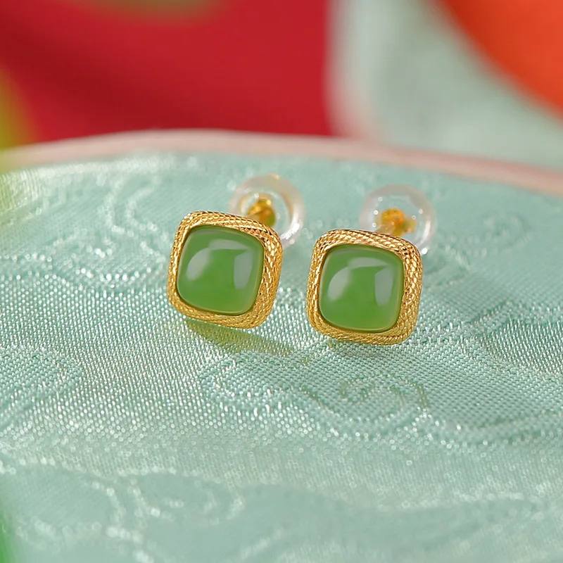 S925 Sterling Gold-Plated Hetian Jade Retro Fashion Geometric Square Earrings Silver Jewelry