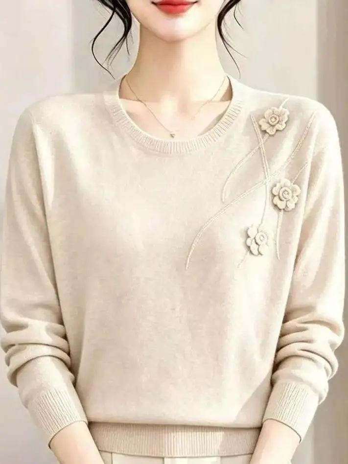 Autumn Winter New Style Loose Women's Knitted Sweater Floral round Neck Base Layer Top High End  Color Casual Fashion