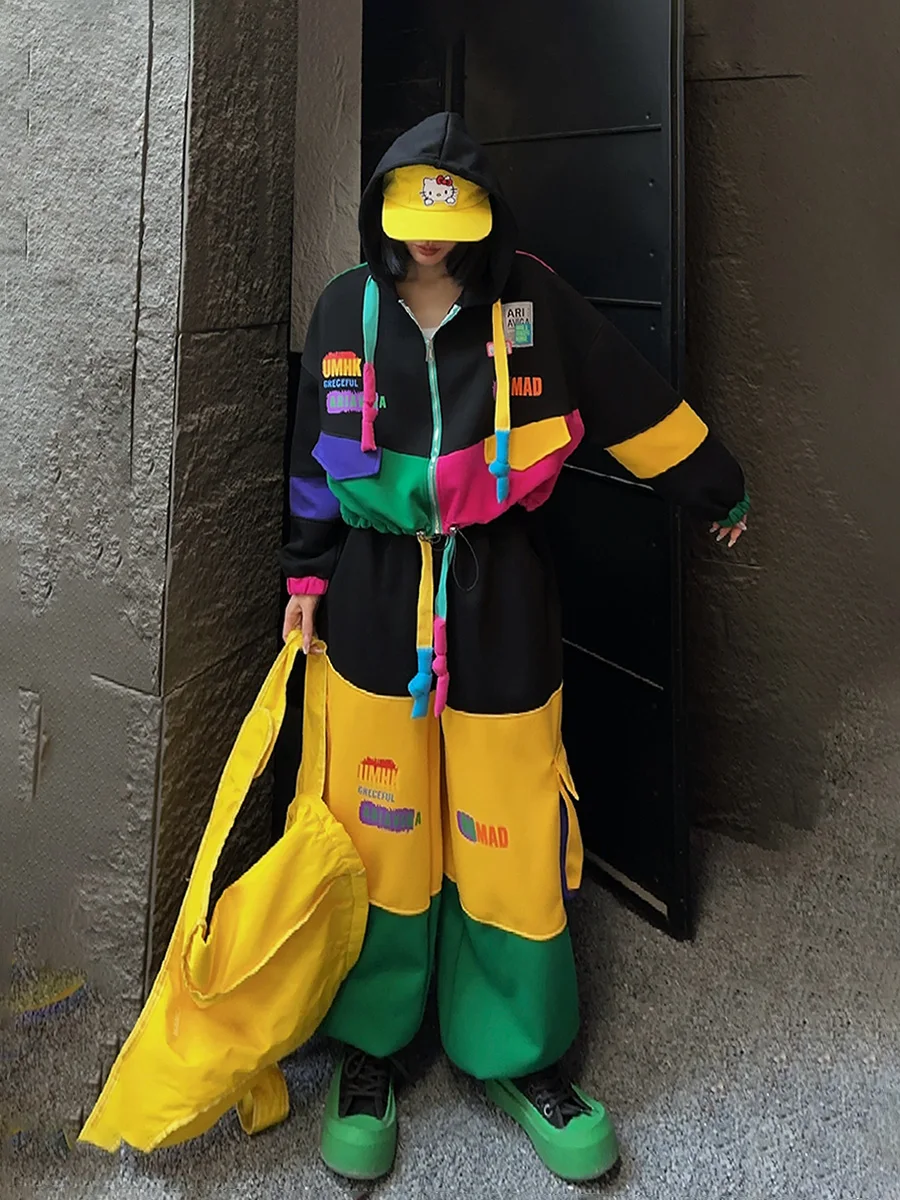 Multicolorido retalhos zíper hoodies 2 peça conjunto mulher roupas conjuntos de calças de grandes dimensões moda coreana jaqueta curta conjuntos de correspondência