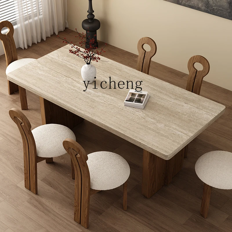 ZC Retro Style Cave Stone Stone Plate Solid Wood Dining Table Small Apartment Living Room Rectangular Dining Table