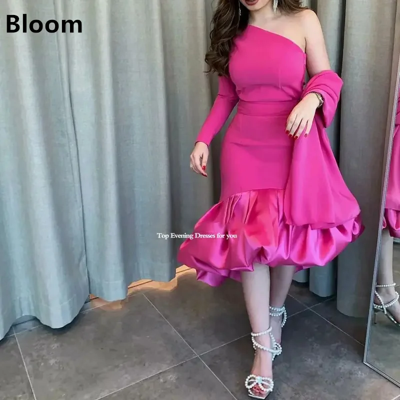 

Satin Mermaid Prom Dresses Tea Length Fuchsia Evening Party Gowns One Sleeve Strapless Saudi Arabia Vestidos De Noche