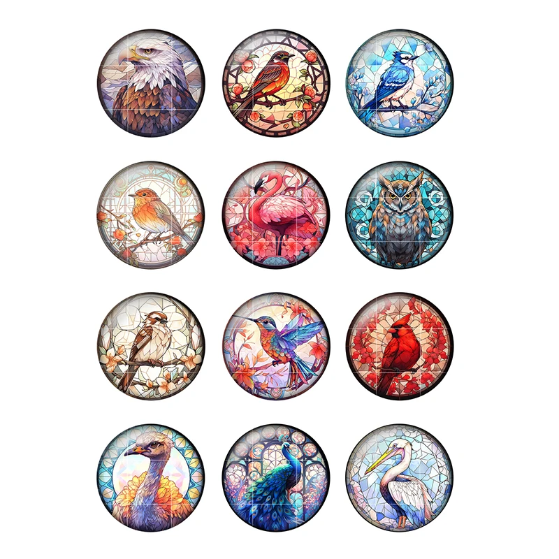 Colorful Cute Bird and Peacock Art Patterns Jewelry Decorations Round Photo Glass Cabochon Demo Flat Back Making Finding H350