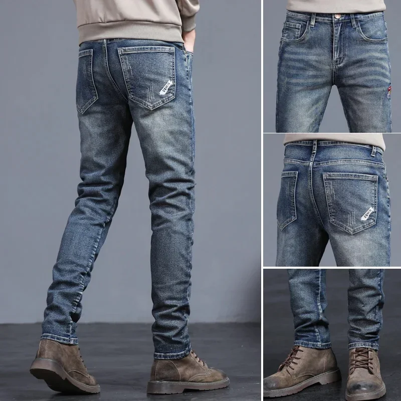 

Four Seasons Cotton Men's Jeans Vintage Blue Solid Color Elastic Classic Jeans Men Slim High Street Casual Denim Trousers Man