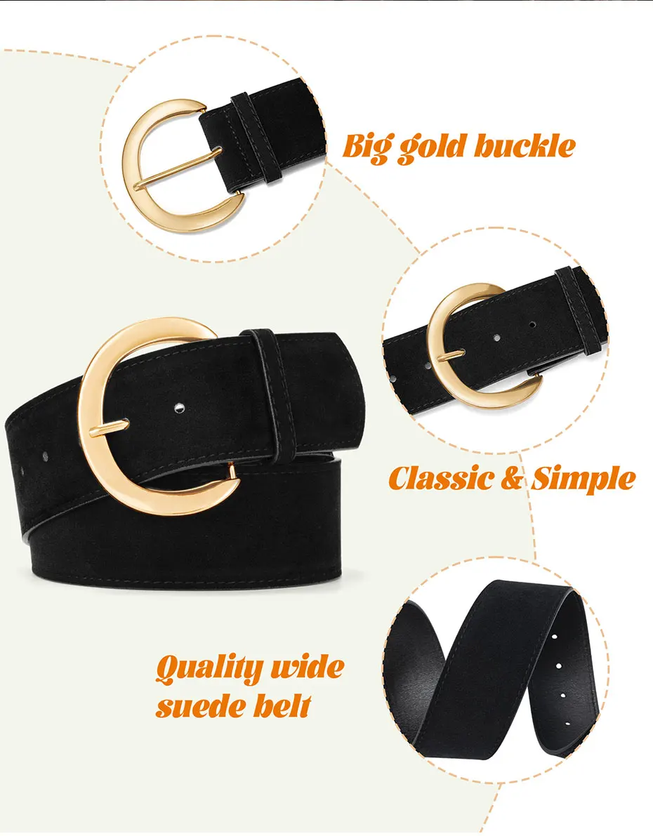 Maikun breite Wildledergürtel für Damen, Damen, klobiger Bund, modisch für Kleid mit goldener Schnalle – Detail 6