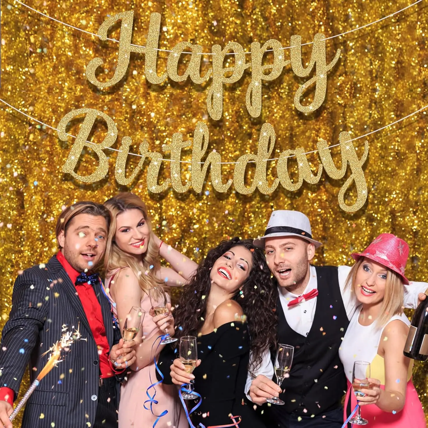 Glitzerndes Banner-Schild „Happy Birthday“, Geburtstagsgirlande, Wandtür, Banner, Flagge für Damen, Herren, Jungen, Mädchen, Party-Hintergrunddekorationen – Detail 1