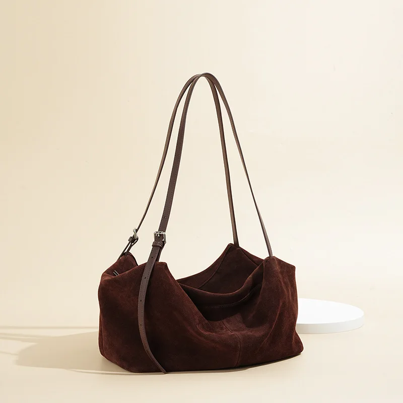 

Сумка Женская, Suede Cowhide Tote Bag, Caramel Large Capacity Zipper Pillow Shape Daily Commute 2025 Fall Underarm Shoulder Bag