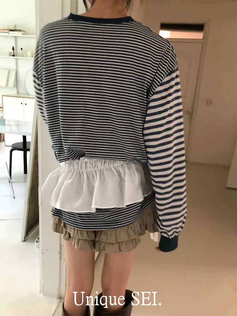 KUSAHIKI Korean Style Chic Striped Causal Round Neck Long Sleeved T-shirt Top 2024 Autumn New Girls Graphic T Shirts