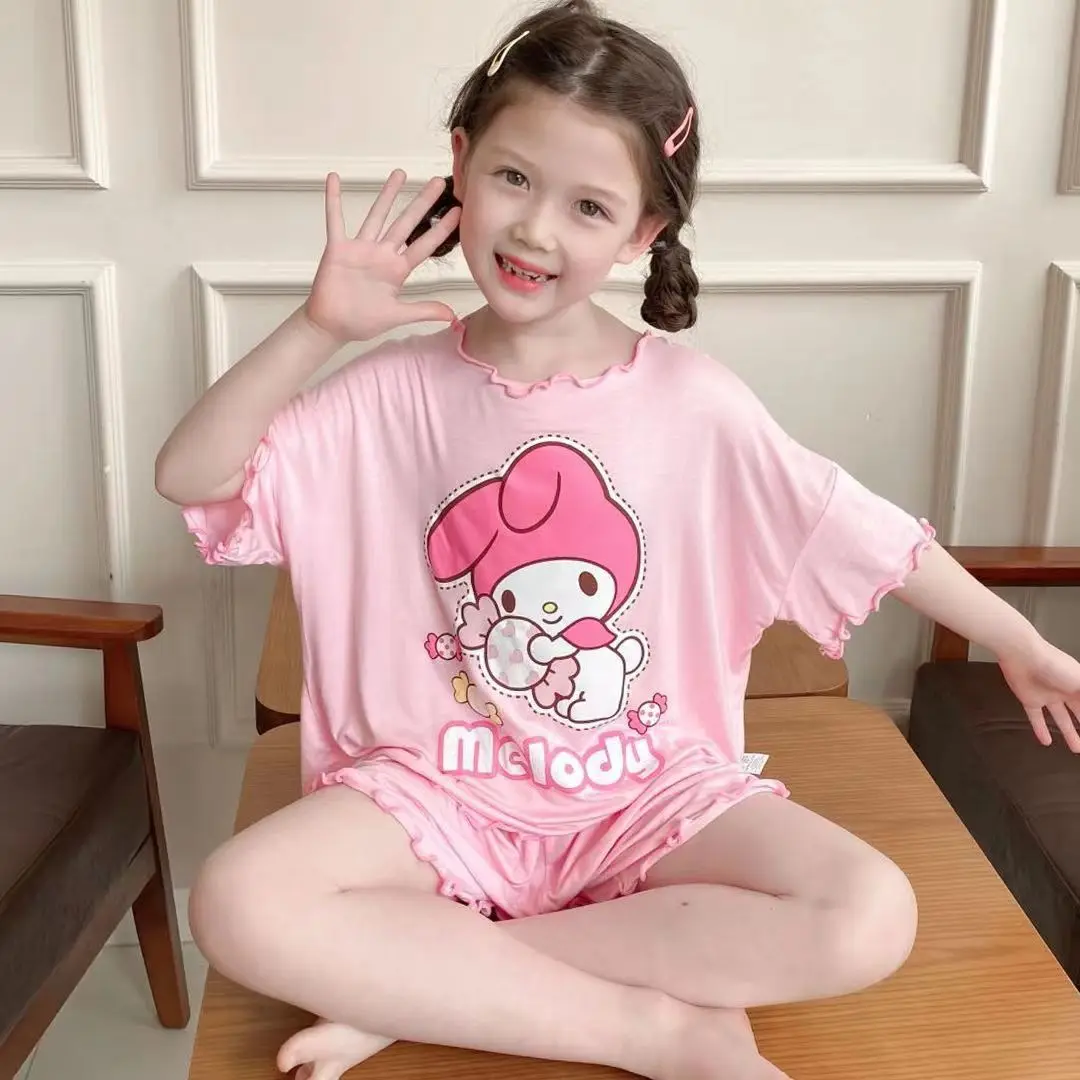 Kuromi Cinnamoroll Children\'s Pajamas Girls Summer Thin Short Sleeved Shirts Pants Suit My Melody Sanrio Kids Home Clothing Set