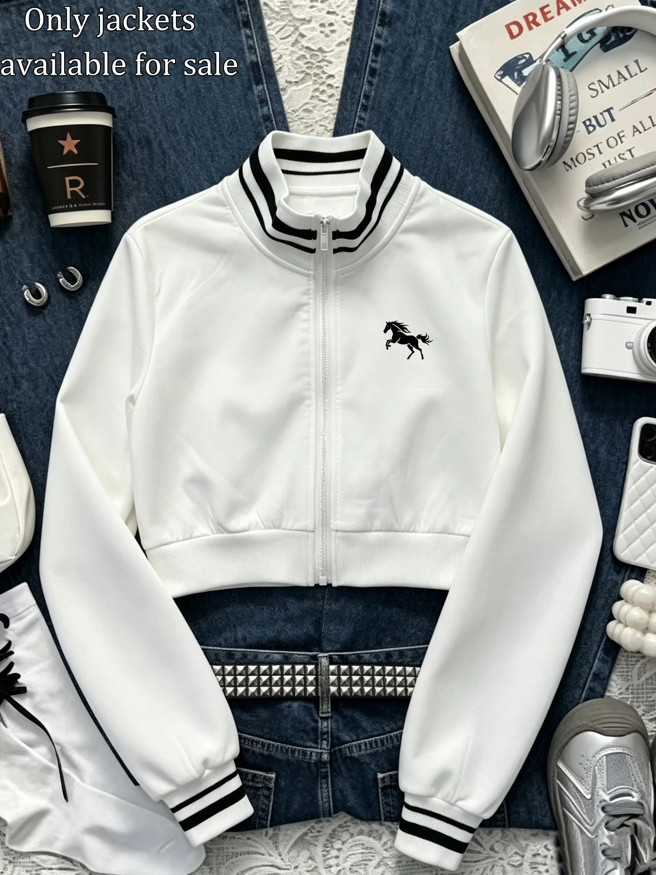 Women's Street-Style Cropped Zip-Up Jacket – Black & White Stripes, Ribbed Collar, Casual Sporty Look (Autumn)