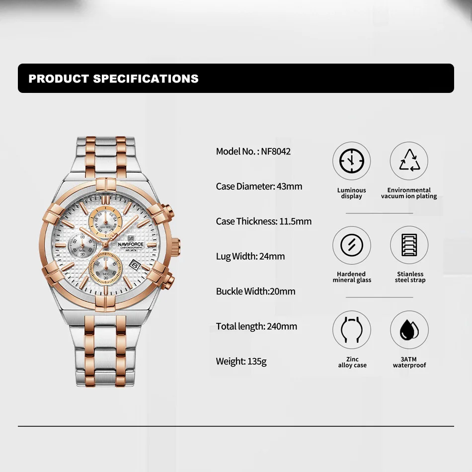 NAVIFORCE New Design Men's Sports Quartz Watch Stainless Steel Strap Waterproof Chronograph Luxury Wristwatch Reloj Hombre 2023