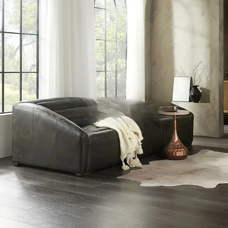 A  Nordic Living Room Full Leather Sofa Antique Light Luxury Italian Minimalist Double Triple