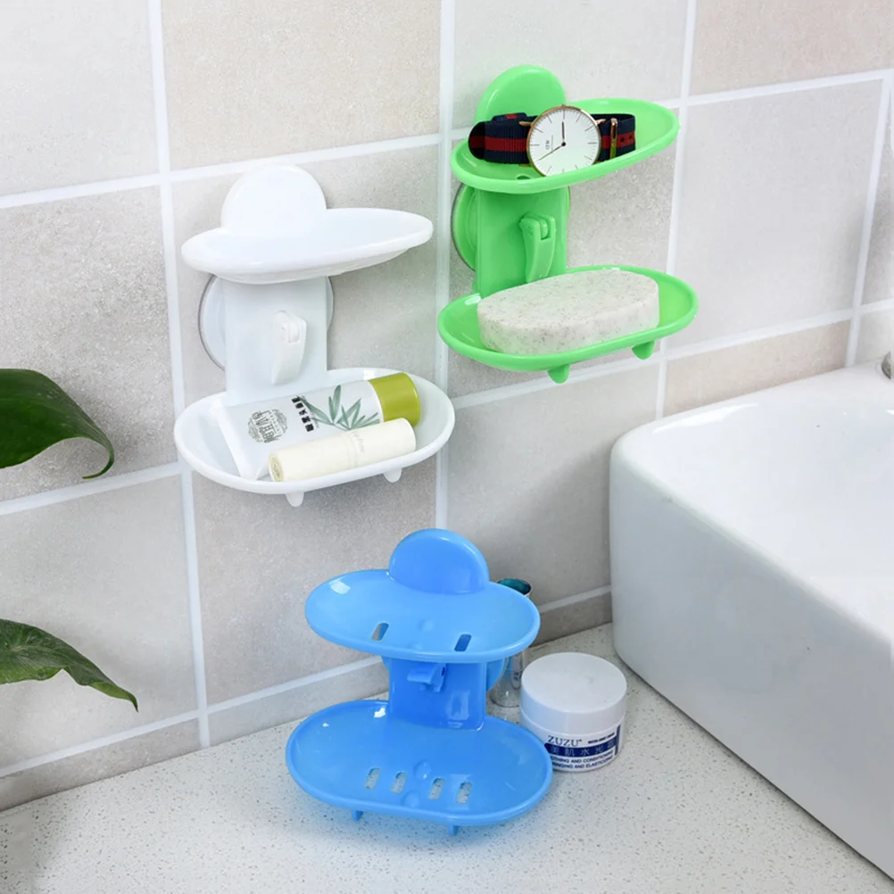 Double Soap Dish Strong Suction Soap Holder Cup Tray for Shower Bathroom (White)