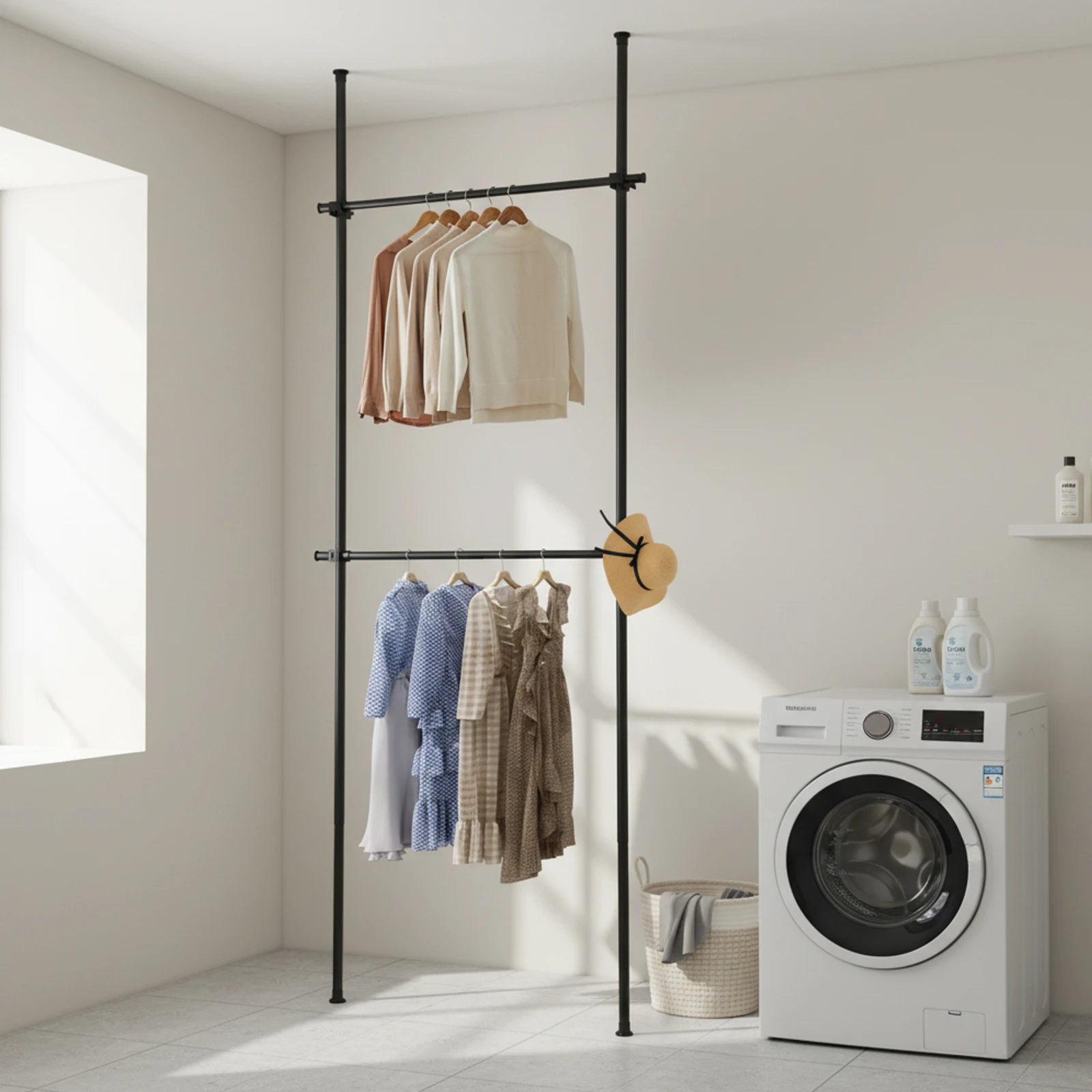 

﻿ 2-Tier Space-Saving Floor Ceiling Garment Rack Adjustable Clothes Organizer Freestanding Closet Storage & Drying Rack for Home