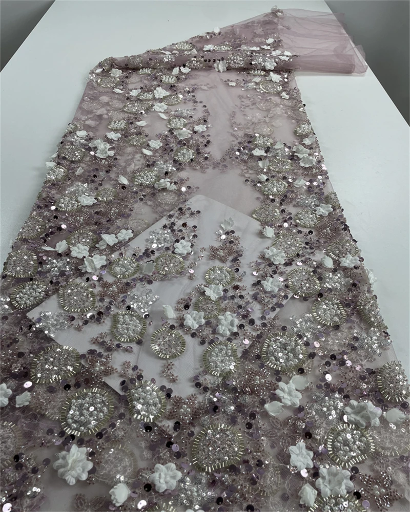 Alta qualidade africano francês tule tecido de renda lantejoulas bordado frisado para casamento nigeriano noivo