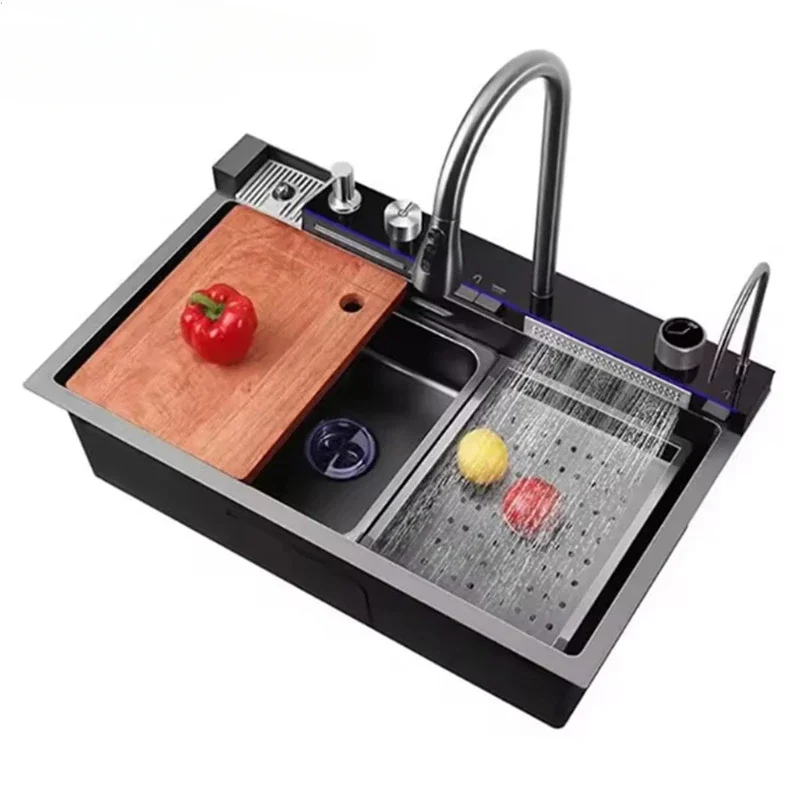 KAHNOS LED Digital Smart Waterfall Faucet 304 Stainless Steel Multifunction Large Single Bionic Wash Basin Modern Kitchen Sink