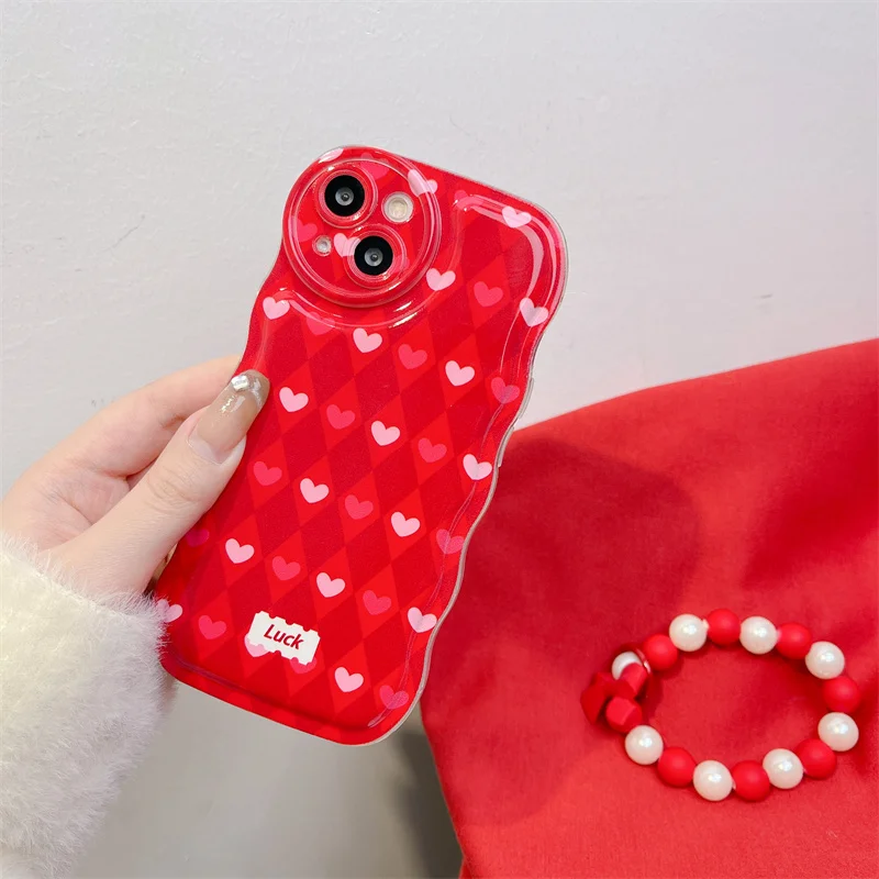 Red Rhombus Phone Case,For iPhone 14 13 12 11 Pro XS MAX XR 7 8 Plus SE 2020 Silicone Cover With Chain