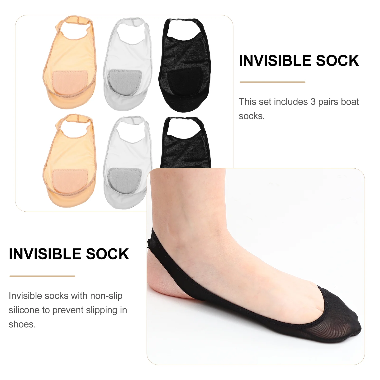 3 Pairs Girl Anti Slip Half Socks Women's Black Sneakers for Five Toe Shallow Mouth