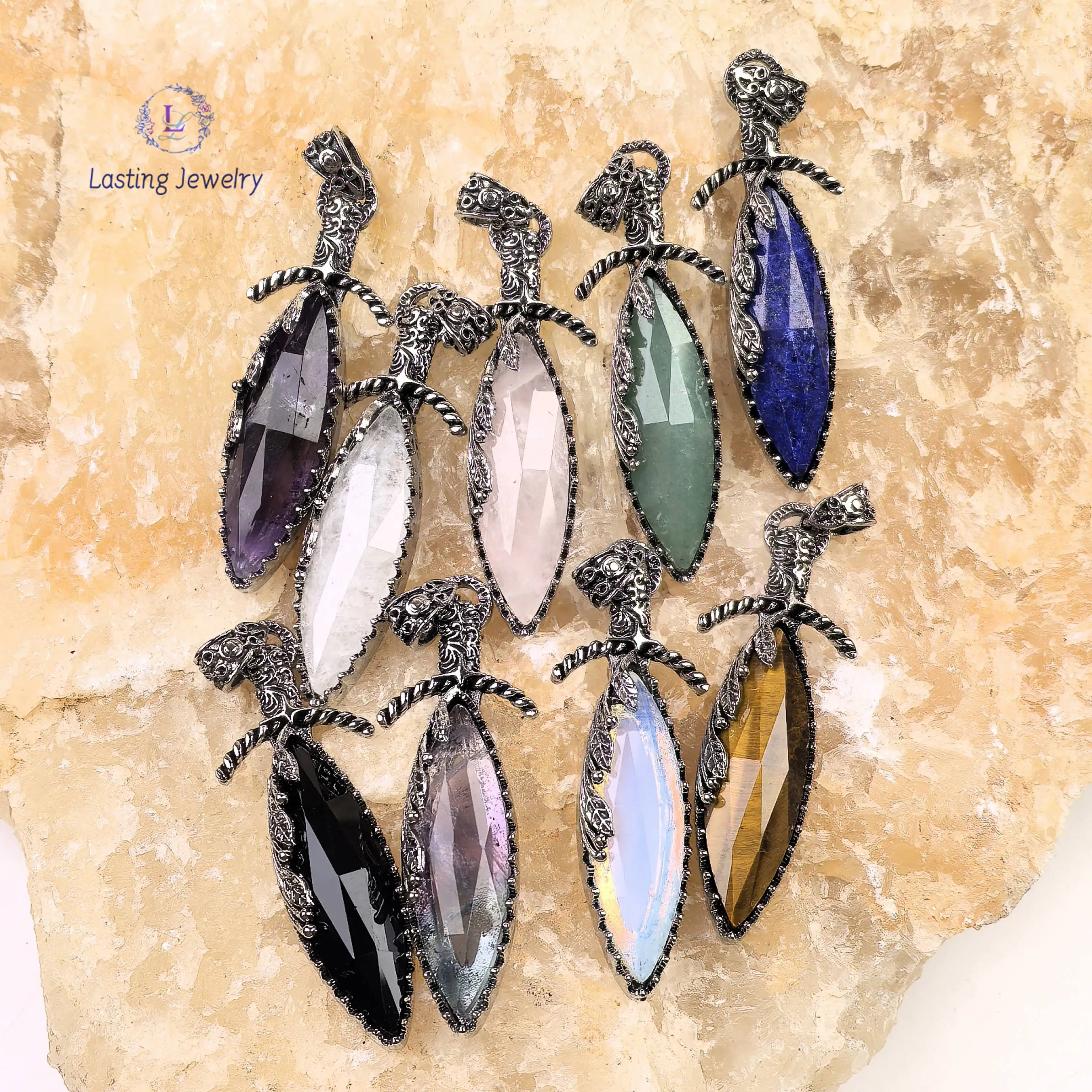 

Anitque Silver Bezel Gemstone Sword Pendants,Energy Quartz Reiki Crystal Fluorite Tiger Eye Amethyst Charms Necklace DIY Jewelry