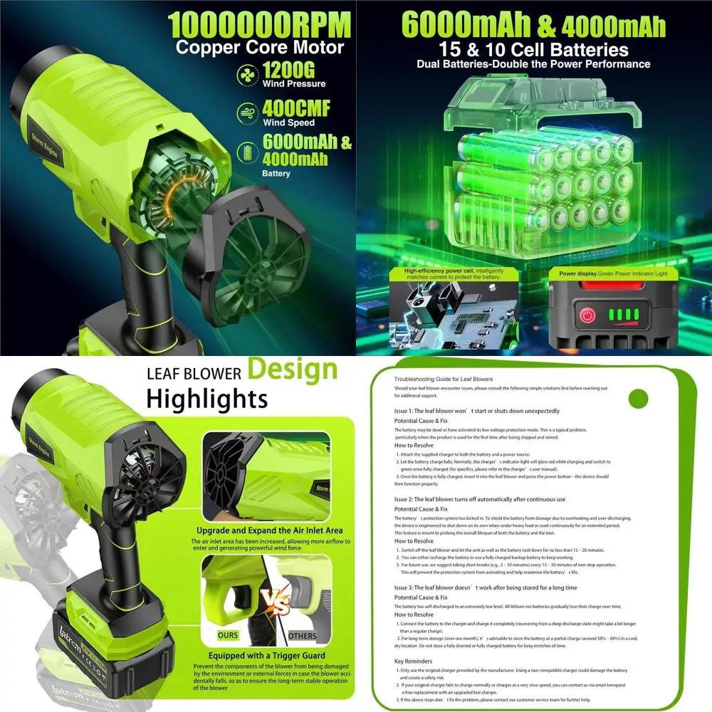 

Беспроводная воздуходувка для листьев с 1 миллион об/мин, легкая портативная, удлиненная насадка и зарядное устройство для чистки патио (зеленая)