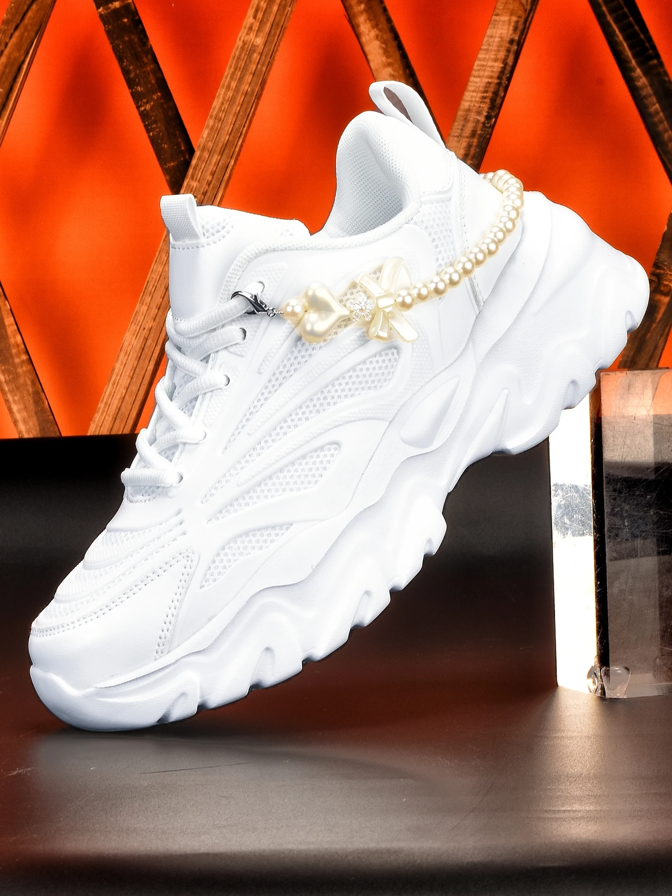 Women's Thick-Soled 5cm Height-Increasing Dad Shoes, Y2K Spicy Girl Style, Fashionable with Heart-Shaped Bow, Pearl Chain Decoration, Breathable Mesh, Eva Irregular Sole, White Casual Sneakers, Trendy for Everyday Outings, Commuting, Unique Design, Student-Friendly, Campus Versatile, Comfortable Sports Shoes for Women - view 2