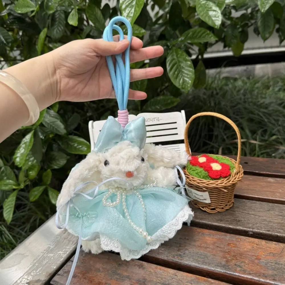 Bow Knot Bow Plush Rabbit Keychain Stuffed Princess Pearl Dress Rabbit Doll Keyring Kawaii Cartoon Plush Rabbit Keychain