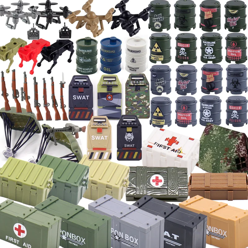 MOC – accessoires de figurines militaires, blocs de construction, couverture pliable, boîte Waffen, kit médical, équipement de scène militaire, briques, jouets cadeaux