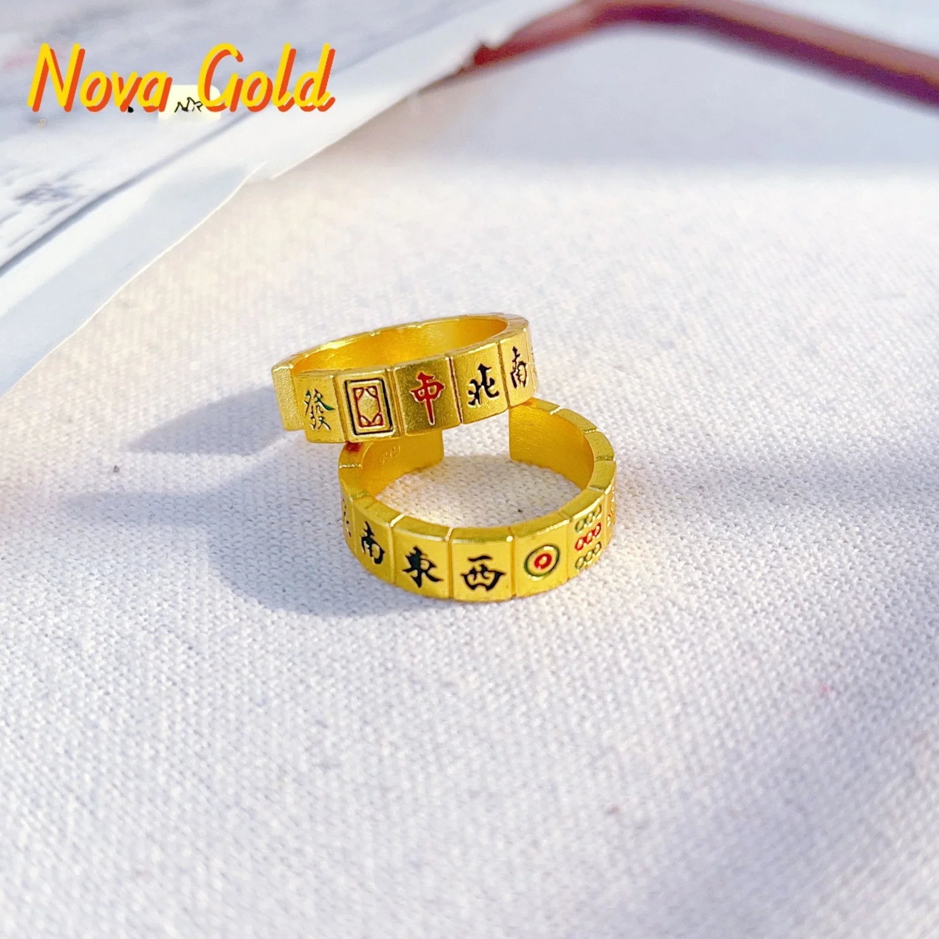 

NovaGlod Mahjong Open Ring Women's 24K Gold AU999 - 24K pure gold mahjong open ring, eye-catching style, lively dating accessory