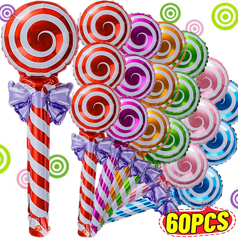 Globos de papel de aluminio con forma de piruleta, 60/6 Uds., con lazo, coloridos globos de caramelo de mano para boda, fiesta de cumpleaños, decoración del hogar, juguetes para niños