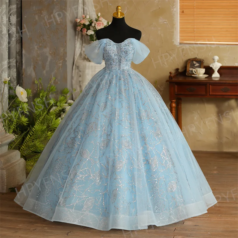 

Небесно-голубое платье Quinceanera с открытыми плечами на заказ, новое роскошное платье Quinceanera с бисером и блестками, милое винтажное платье Quinceanera для выпускного вечера