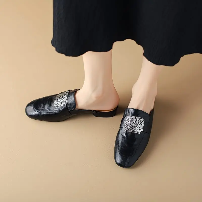 MORAZORA Plus Size 33-42 New Genuine Leather Slippers Women Mules Round Toe Low Heels Fashion Summer Shoes Footwear Female