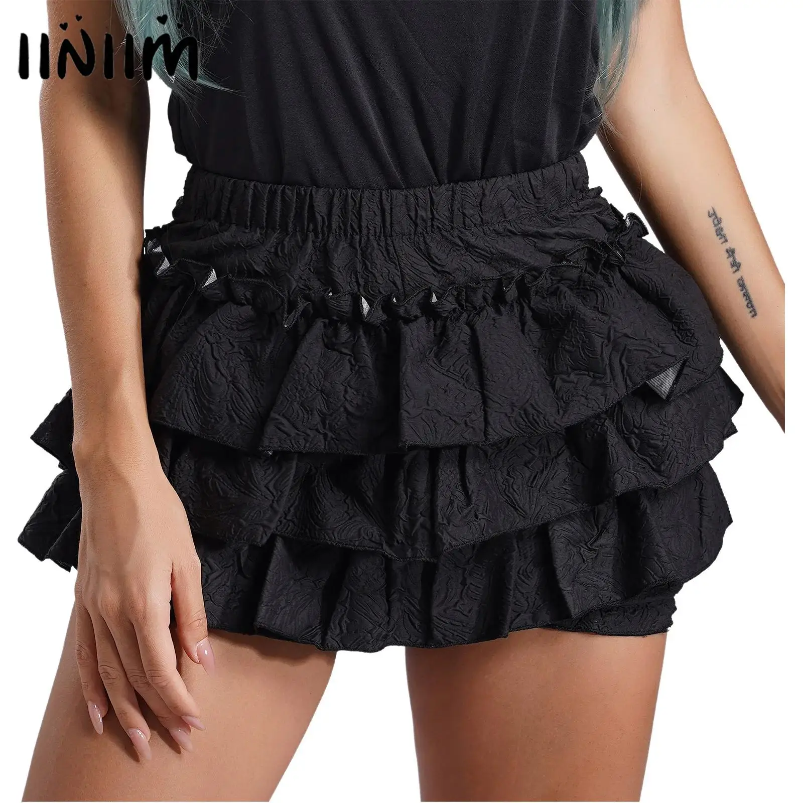 

Womens Teen Girls Ruffled Miniskirt Culottes Elastic Waist Tiered Skirt with Safety Shorts Pumpkin Shorts Dress Underskirt