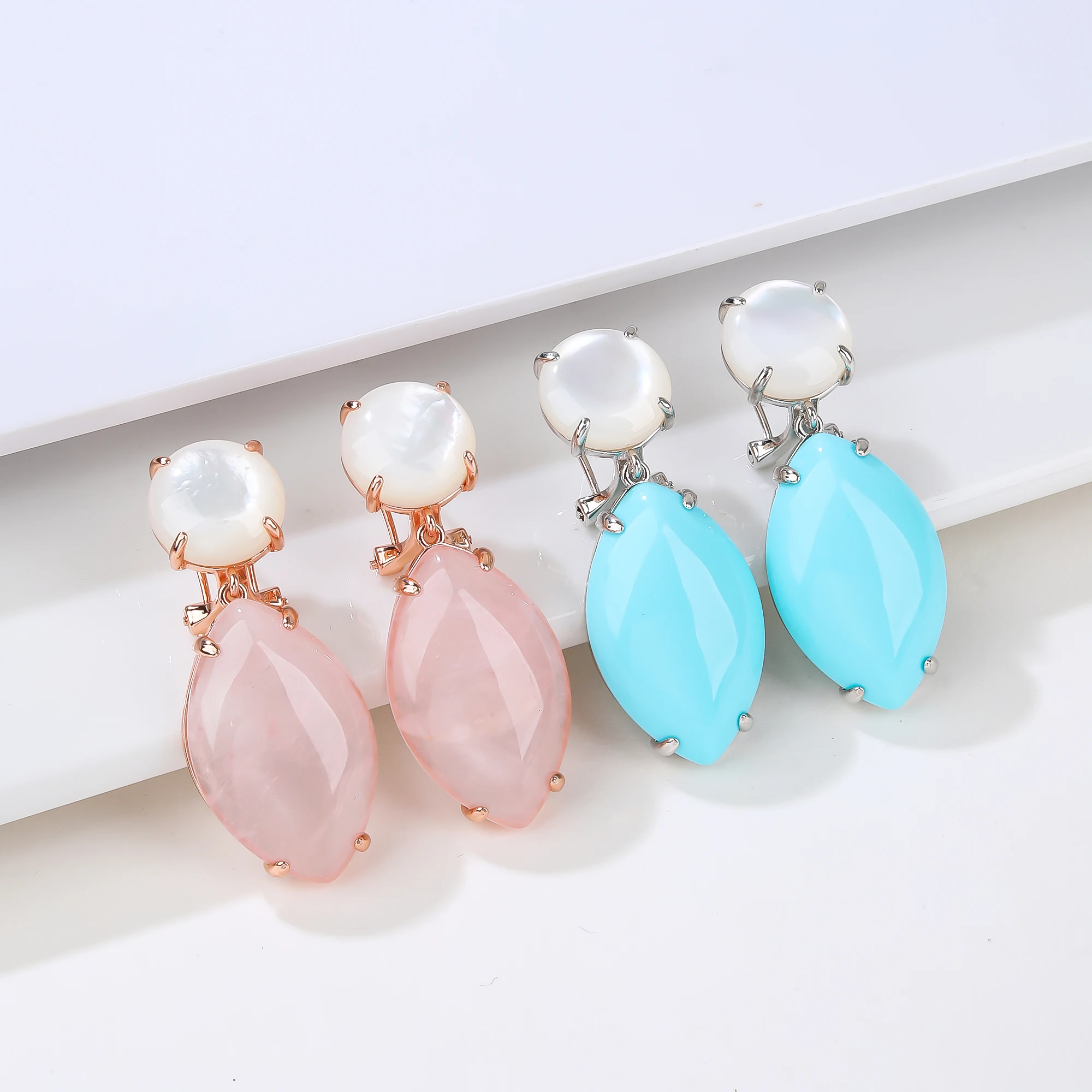 

Natural Rose Quartz Gemstone Pendant with Shell Design Rose Gold Plating Fashion Earrings