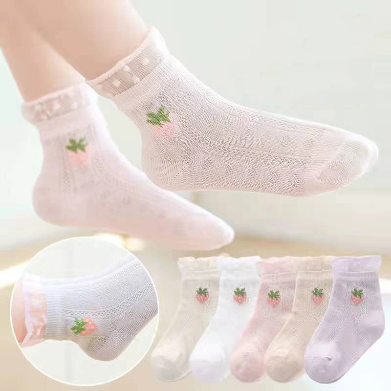 

5 Pairs Baby Girl's Sweet Socks Medium Tube Cute Lovey Strawberry Kid's Socks Mesh Lace Summer Kid's Socks
