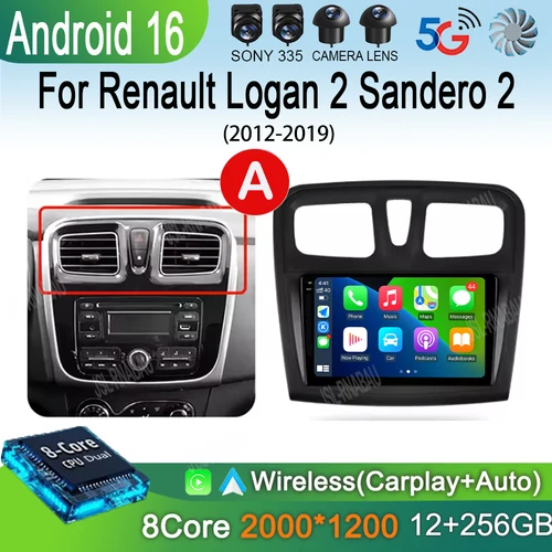 Imagen 1 del producto Radio para Auto con Android 16 y Carplay para Renault Logan 2 Sandero 2 2012 2013 - 2019, Navegación GPS, Reproductor Multimedia, wifi+4G, BT, DSP, 2DIN
