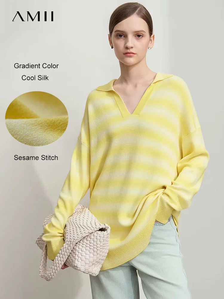 

AMII Minimalist Sweater For Women 2025 Autumn New Casual V-Neck Long Sleeves Stripe Loose Knitted Pullovers Top Female 12551033